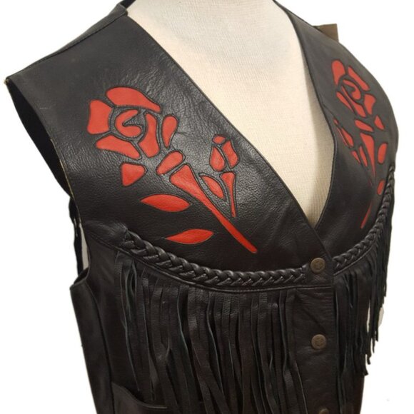 Women’s Rodeo Motorcycle Cowhide Leather Vest with Roses and Fringes - Picture 3 of 3